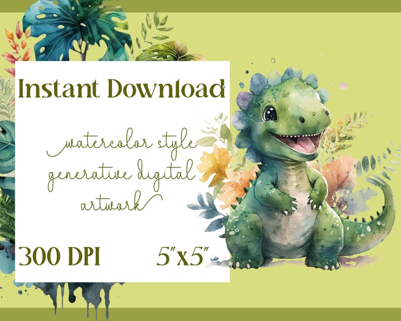 May include: Watercolor-style digital artwork featuring a smiling green dinosaur with a spiky back, surrounded by flowers and foliage. The image includes the text "Instant Download" and "watercolor style generative digital artwork". The image is 5"x5".