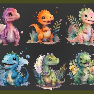 May include: Watercolor illustrations of six adorable baby dinosaurs in various colors: purple, orange, green, blue, and yellow. Each dinosaur is surrounded by watercolor foliage and has a friendly expression, perfect for nursery decor.