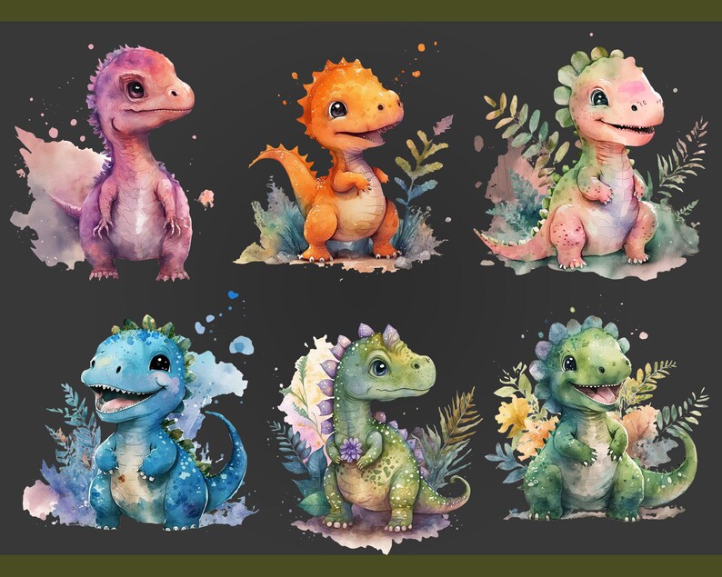 May include: Watercolor illustrations of six adorable baby dinosaurs in various colors: purple, orange, green, blue, and yellow. Each dinosaur is surrounded by watercolor foliage and has a friendly expression, perfect for nursery decor.