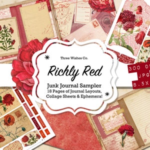 Red Junk Journal Sampler, Collage Bundle, Rosen, Collage, Starter-Kit, Scrapbooking, Valentinstag, Vintage Ephemera, sofort Download