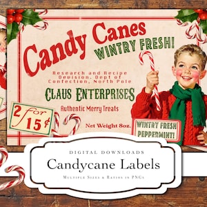 Etiqueta vintage navideña de bastones de caramelo en múltiples tamaños y proporciones (descarga digital)