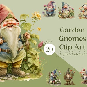Puede incluir: Un conjunto de 20 imágenes de clip art digitales que presentan gnomo de jardín caprichosos en varias poses. Los gnomos se representan en un estilo de acuarela con colores vibrantes y detalles intrincados. Las imágenes son perfectas para manualidades, scrapbooking y otros proyectos creativos.