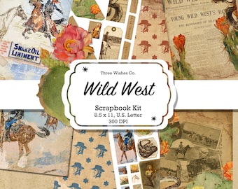 Puede incluir: Un kit de scrapbooking digital con temática del Salvaje Oeste. El kit incluye imágenes de vaqueros, caballos, cactus y otros elementos occidentales. El kit mide 8,5 x 11 pulgadas y 300 DPI.