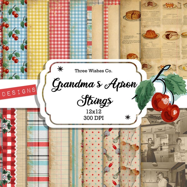 Grandma's Apron Strings, 12x12 Scrapbook Paper, Collage, Farmhouse, Family Recipes, junk journal, shabby chic, ephemera, download