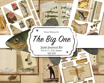 May include: A digital junk journal kit with a fishing theme. The kit includes images of fish, fishing lures, a dragonfly, and a turtle. The kit is 8.5 x 11 inches and 300 DPI. The text "The Big One" is featured on the kit.