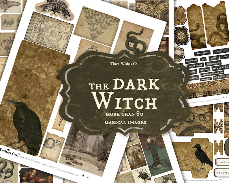 May include: A digital collage sheet with over 80 images featuring a dark witch theme. The images include ravens, snakes, bats, skulls, and other mystical elements. The sheet is titled "The Dark Witch" and is from Three Wishes Co.