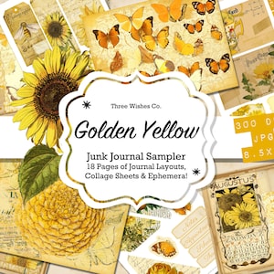 Yellow Junk Journal Sampler, Printable, Sunflowers, Collage, budget bundle, beginner scrapbooking, starter kit, Vintage ephemera, download