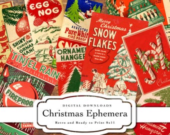 Puede incluir: Una colección de efímeras navideñas vintage, con diseños retro. La imagen incluye textos festivos como "Egg Nog", "Shiny Christmas Ornaments" y "Tinsel Rain". El esquema de color es rojo, verde y blanco, con una pancarta "Christmas Ephemera".