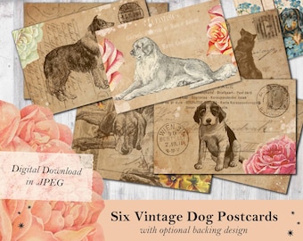 Vintage Dog and Flower Postcards, Shabby Chic Ephemera (Digital Download)