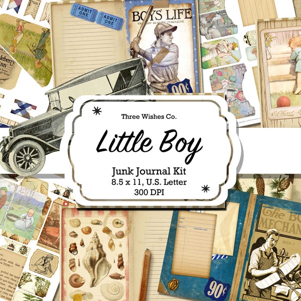 Little Boy Junk Journal Kit, Gifts for Him, Gifts for Mom, junk journal, Printable, shabby, collage, scrapbooking ephemera, instant download