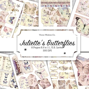 May include: A digital paper pack with 8 pages of vintage-style butterfly illustrations. The pages are 8.5 inches by 11 inches and 300 DPI. The paper pack is titled "Juliette's Butterflies" and is by Three Wishes Co.