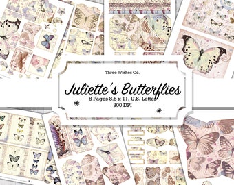 Juliette's Butterflies, Junk Journal, Scrapbooking, Embellishments, Butterfly, Shabby, Nature Botanical, printable papers, instant download