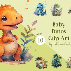 May include: Watercolor clip art set featuring baby dinosaurs in various poses and settings. The image includes an orange dinosaur with a friendly expression, and the text "Baby Dinos Clip Art".