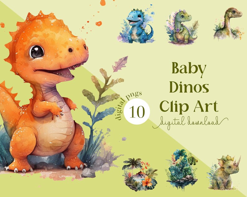 May include: Watercolor clip art set featuring baby dinosaurs in various poses and settings. The image includes an orange dinosaur with a friendly expression, and the text "Baby Dinos Clip Art".