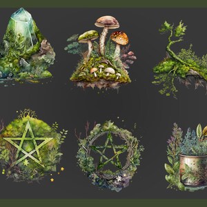 Op de afbeelding: Een set aquarel illustraties met verschillende natuur-ge&iuml;nspireerde elementen, waaronder een kristal, paddenstoelen, een boom, een pentagram en een mok gevuld met kruiden. De illustraties zijn gemaakt in tinten groen, bruin en wit, met een donkergrijze achtergrond.