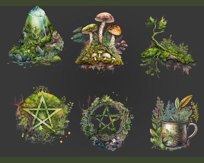 Op de afbeelding: Een set aquarel illustraties met verschillende natuur-ge&iuml;nspireerde elementen, waaronder een kristal, paddenstoelen, een boom, een pentagram en een mok gevuld met kruiden. De illustraties zijn gemaakt in tinten groen, bruin en wit, met een donkergrijze achtergrond.