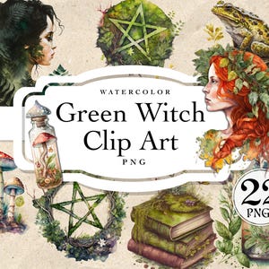 Op de afbeelding: Waterverf clipart set met 22 illustraties van groene heksen. De set bevat een heks met rood haar, een kikker, een pentagram, paddenstoelen, een fles met een paddenstoel erin, een boek, een ketel en verschillende groene bladeren.