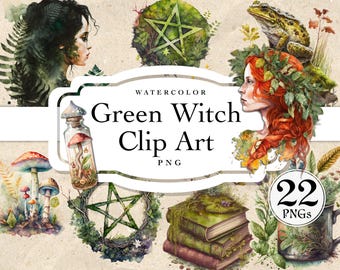 Clipart PNG della strega verde, effimera della foresta (download digitale)