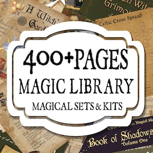 May include: A collection of over 400 pages of printed materials featuring various designs, including a Celtic Cross spread, botanical illustrations, and text titled A Witch's Garden and Book of Shadows Page, centered under a white label with black text.