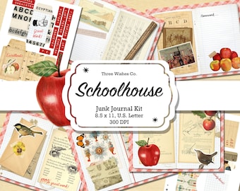 May include: A digital scrapbook kit with a schoolhouse theme. The kit includes images of apples, birds, butterflies, and other school-related items. The kit is designed for use in junk journals and other paper crafts. The kit is 8.5 x 11 inches and 300 DPI.