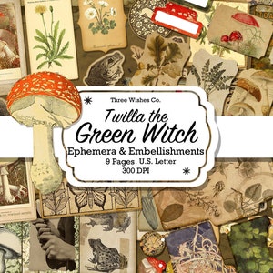 Green Witch Ephemera and Embellishments, Grimoire, Witch Collage, Spell Book, Wicca, Witchcraft, Collage, Junk Journal, Digital Download