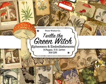 Green Witch Ephemera and Embellishments, Grimoire, Witch Collage, Spell Book, Wicca, Witchcraft, Collage, Junk Journal, Digital Download