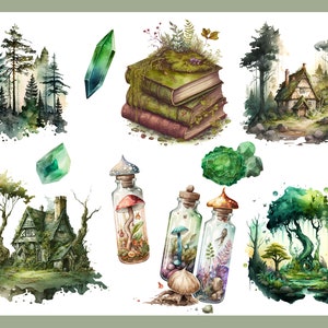 Op de afbeelding: Waterverfillustratie van een fantasierijke bos sc&egrave;ne met een huisje, paddenstoelen, kristallen en glazen flessen gevuld met planten en paddenstoelen. De illustratie is geschilderd in tinten groen, bruin en wit.