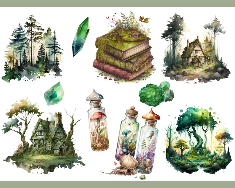 Op de afbeelding: Waterverfillustratie van een fantasierijke bos sc&egrave;ne met een huisje, paddenstoelen, kristallen en glazen flessen gevuld met planten en paddenstoelen. De illustratie is geschilderd in tinten groen, bruin en wit.