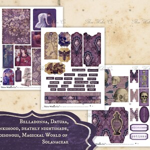Op de afbeelding: Een digitale collage van afbeeldingen met paarse bloemen, een vrouw in een witte jurk, een schedel, een skelet en een fles. De tekst "BellaDonna, Datura, Monkshood, Deathly Nightshade, The Poisonous, Magickal World of Solanaceae" staat onderaan de afbeelding.