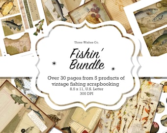 May include: A collection of vintage fishing-themed scrapbook pages. The image features various papers with illustrations of fish, fishing lures, and maps. The text reads "Fishin' Bundle" and "Over 30 pages from 5 products of vintage fishing scrapbooking 8.5 x 11, U.S. Letter 300 DPI."