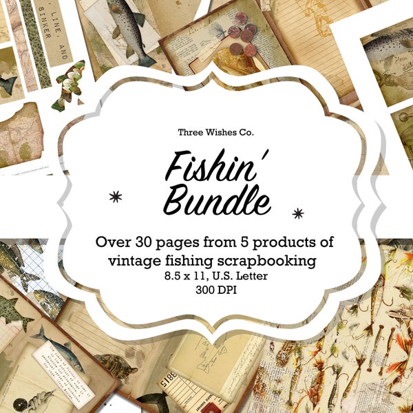 Bundle, Vintage Fishing, For Him, Junk Journal, Printable, shabby chic, digitale Collage, Scrapbooking Ephemera, direkter Download