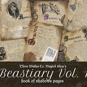 May include: A collection of vintage-style parchment pages titled Beastiary Vol. 1, featuring illustrations and text about angels, fairies, demons, and familiars. The pages have a weathered, aged appearance with dark ink text and detailed drawings.