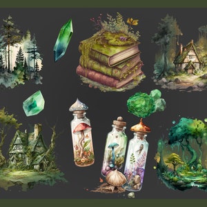 Op de afbeelding: Een aquarel-illustratie van een fantasierijke bos sc&egrave;ne met verschillende elementen, waaronder een klein huisje, een stapel oude boeken, een kristal en verschillende glazen flessen gevuld met paddenstoelen en andere botanische elementen.