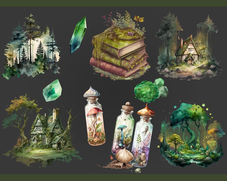 Op de afbeelding: Een aquarel-illustratie van een fantasierijke bos sc&egrave;ne met verschillende elementen, waaronder een klein huisje, een stapel oude boeken, een kristal en verschillende glazen flessen gevuld met paddenstoelen en andere botanische elementen.