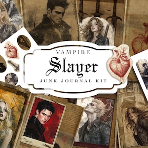 Puede incluir: Un kit de diario de chatarra de estilo vintage con temática de cazador de vampiros. El kit incluye imágenes de vampiros, corazones y otros elementos góticos. El kit es perfecto para crear un diario único y personalizado.