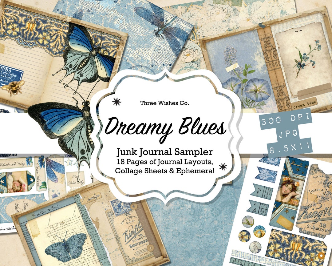 Blue Junk Journal Kit, Vintage Ephemera, Collage Papers (digital ...