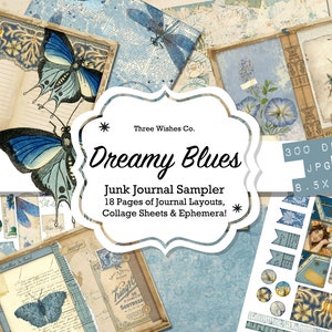 Blue Junk Journal Kit, Printable, budget Collage, Scrapbooking, starter kit, blue bundle digital collage, Vintage ephemera, instant download