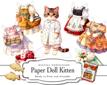 Victorian Kitten: Paper Doll Printables, Classic, Victorian, Old Fashioned, Traditional Toys, Cat (Digital Download)