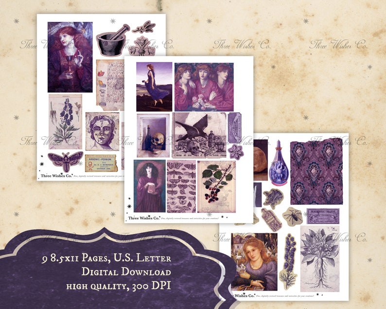 Op de afbeelding: Negen digitale printbare pagina's in het formaat 8,5 x 11 inch met vintage illustraties in tinten paars en zwart. De illustraties omvatten een vrouw met lang donker haar, een schedel, een raaf, een fles, bloemen en een nachtvlinder. De tekst "Three Wishes Co." staat op verschillende pagina's.