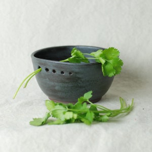 May include: A dark grey ceramic bowl with a row of small holes near the rim. Fresh green coriander sprigs are arranged inside and around the bowl, creating a natural, rustic aesthetic. The bowl has a slightly rough texture and a simple, modern design.