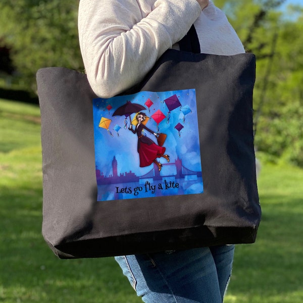 Mary Poppins Tote Bag, Mary Poppins Crossbody Bag, Large Tote Bag with Mary Poppins Panel sewn on front, Large Black Beach Bag