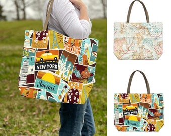 Travel Tote Bag, International Travel Tote, Map Design Tote, Traveling Tote, Traveling Bag, Travel Shoulder Bag, Travel Gift, Traveller Tote