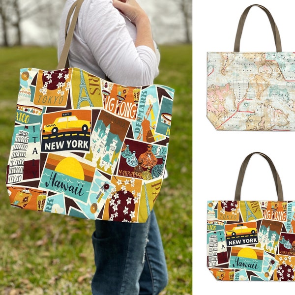 Travel Tote Bag, International Travel Tote, Map Design Tote, Traveling Tote, Traveling Bag, Travel Shoulder Bag, Travel Gift, Traveller Tote