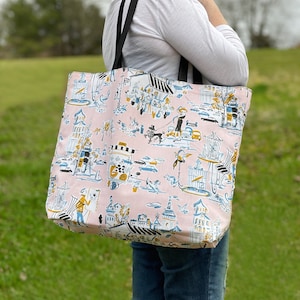 Travel Tote Bag, Reversible Canvas Travel Tote Bag, Travel Tote, New York Tote, Paris Tote Bag, Pink Tote Bag, Pink Canvas tote, Teal Tote