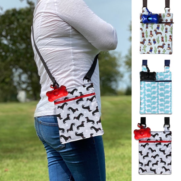 Dachshund Dog Walking Bag with Poop Bag Dispenser, Dachshund Purse, Dog Crossbody Bag, Dachshund in costume, Dachshund Lover Gift, Doxie Bag