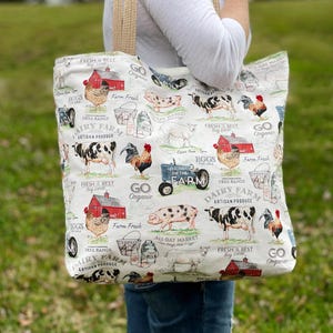Farm Tote Bag, Canvas Grocery Tote Bag, Tote Bag with Farmers Market Design, Farm Animal Bag, Farm Tote Bag, Grocery Tote, Reusable Tote