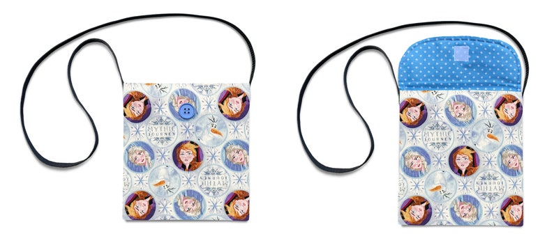 May include: A white fabric crossbody bag with a blue polka dot lining. The bag features a repeating pattern of Frozen characters, snowflakes, and the text "Let It Go".