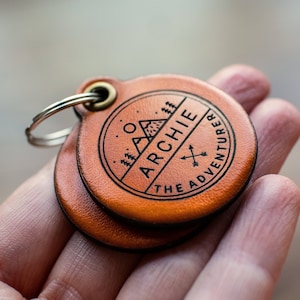 Adventure themed - Saddle Tan leather - double personalized dog tag