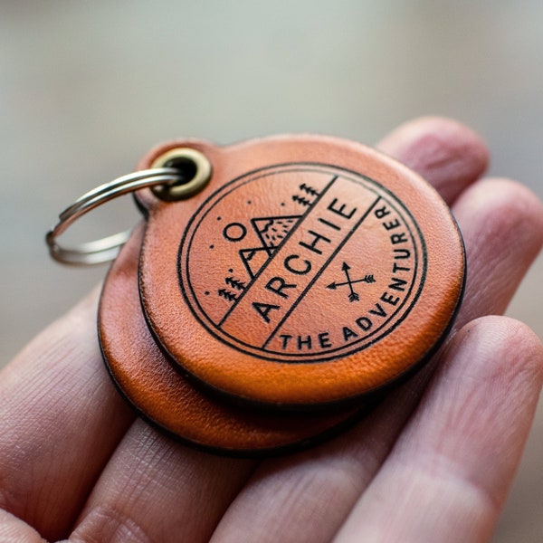 Adventure themed - Saddle Tan leather - double personalized dog tag