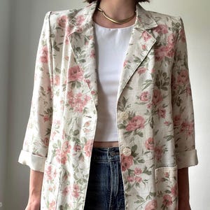 Vintage Floral Linen Blend Blazer | Romantic Cottagecore Jacket | Soft Botanical Spring Blazer